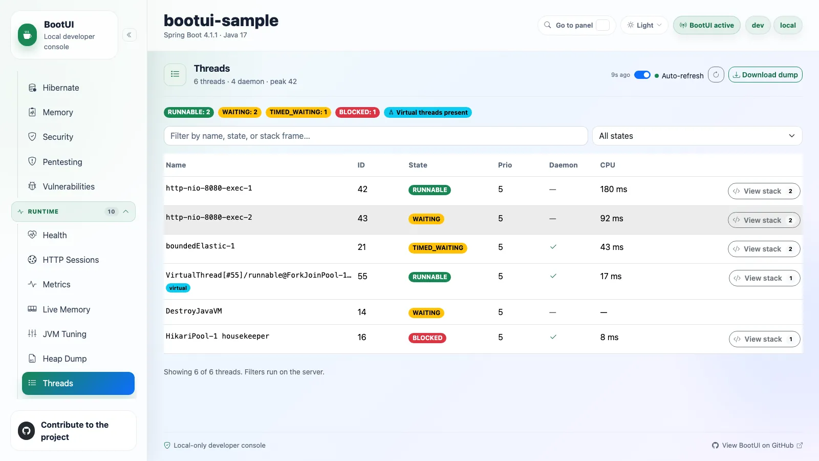 BootUI Threads panel