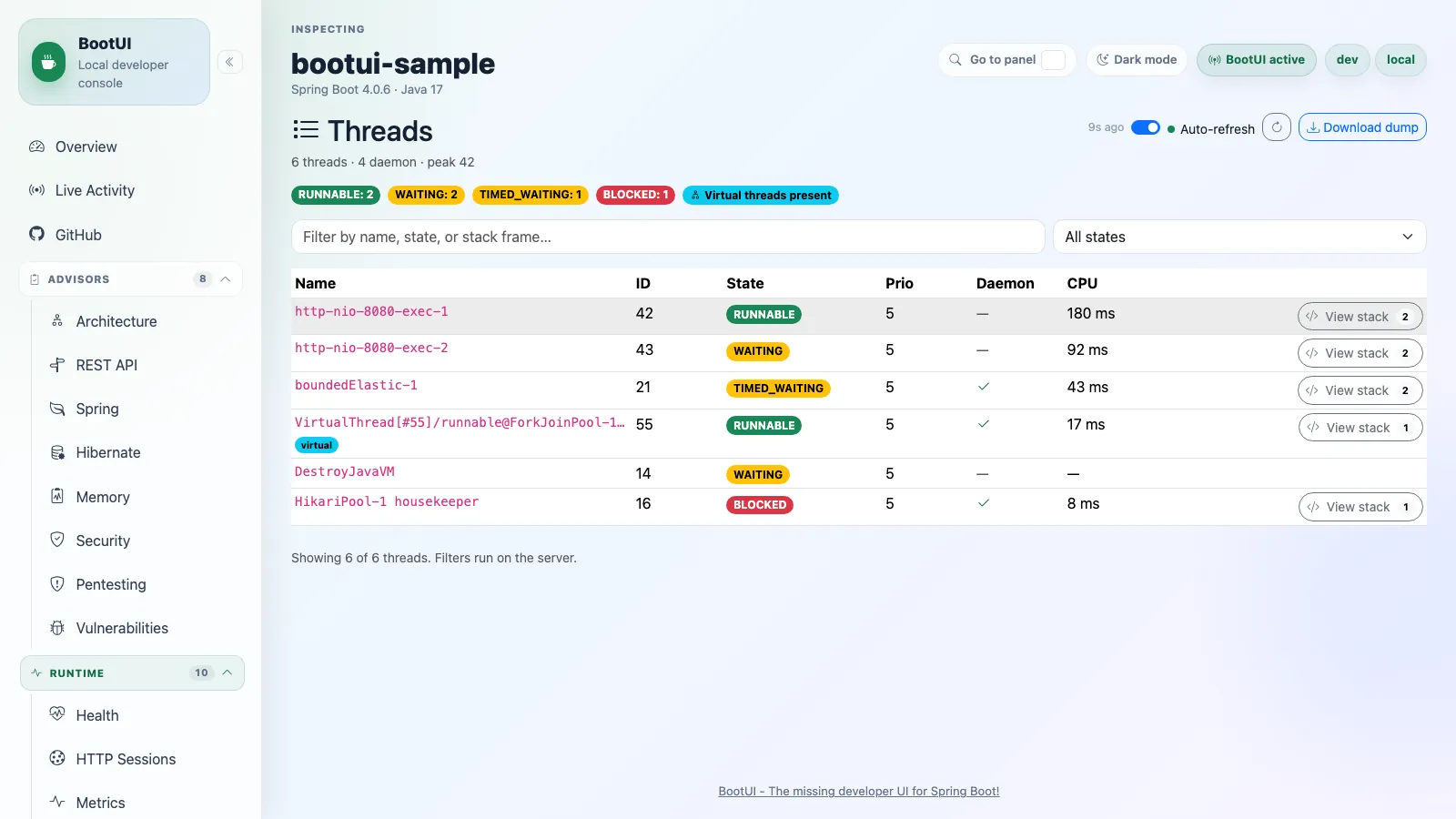 BootUI Threads panel