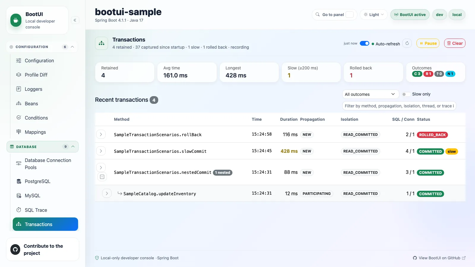 BootUI Transactions panel