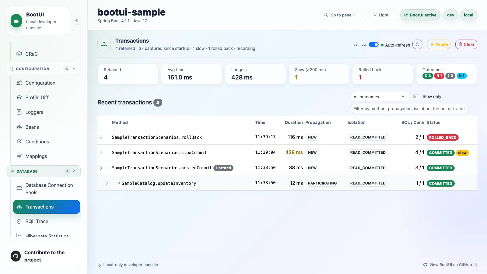 BootUI Transactions panel