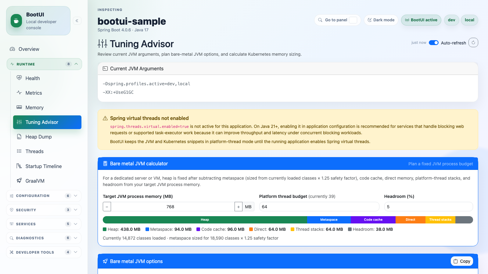 BootUI Tuning Advisor panel