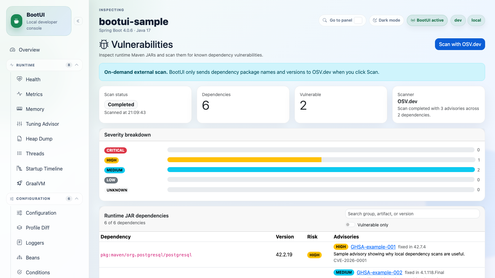 BootUI Vulnerabilities panel
