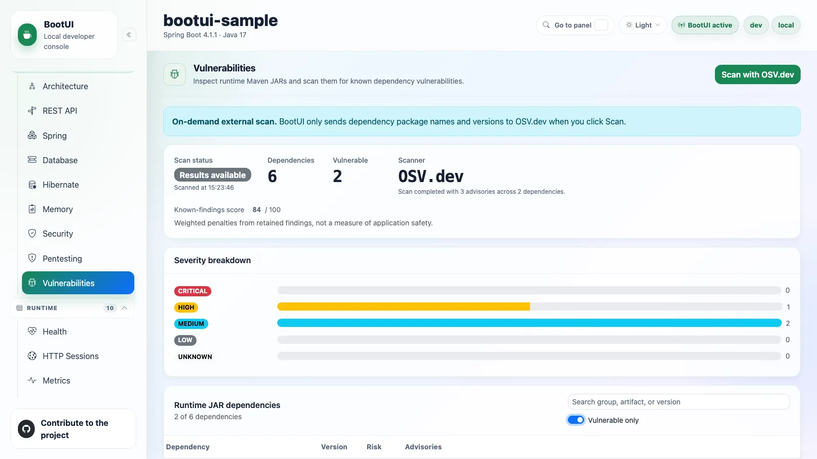BootUI Vulnerabilities panel