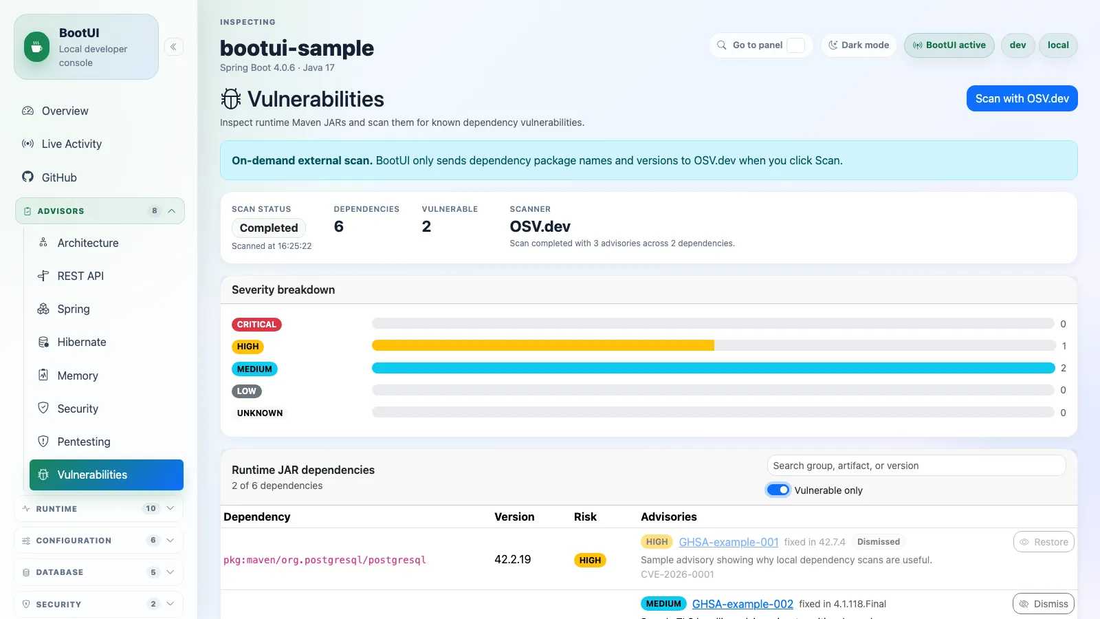 BootUI Vulnerabilities panel