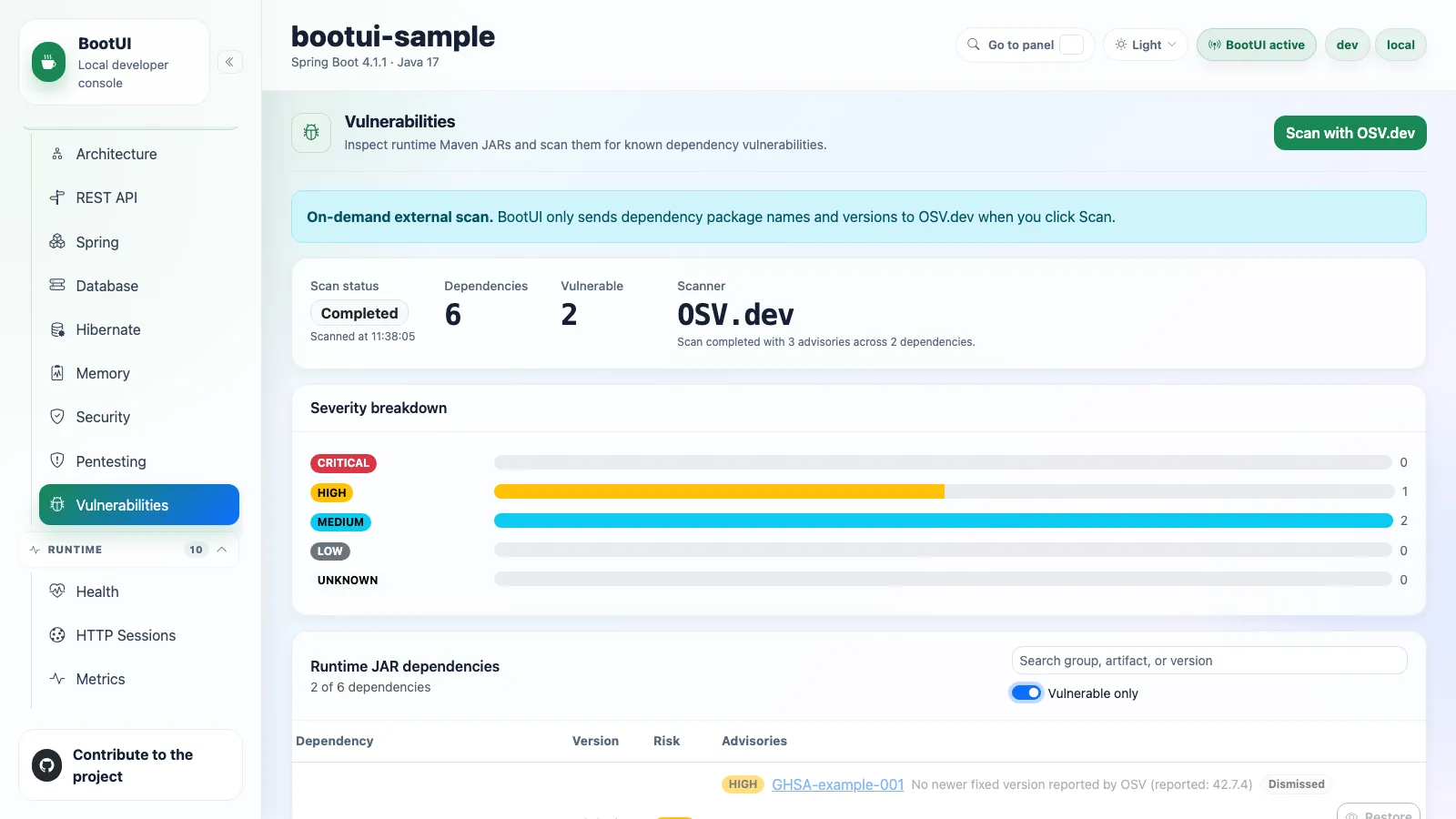 BootUI Vulnerabilities panel