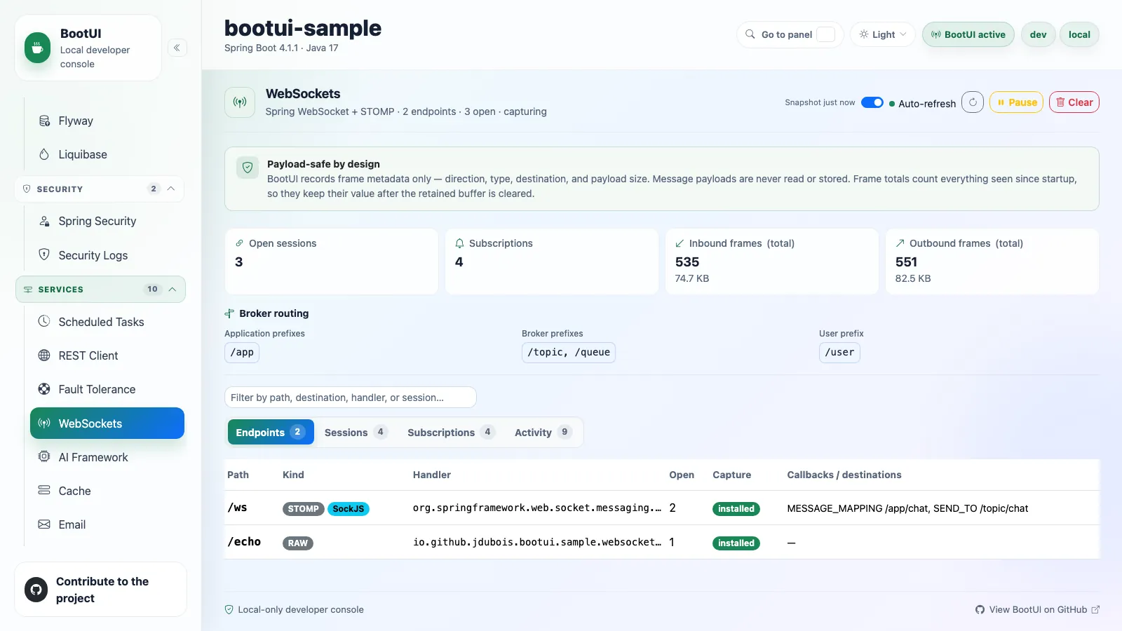 BootUI WebSockets panel