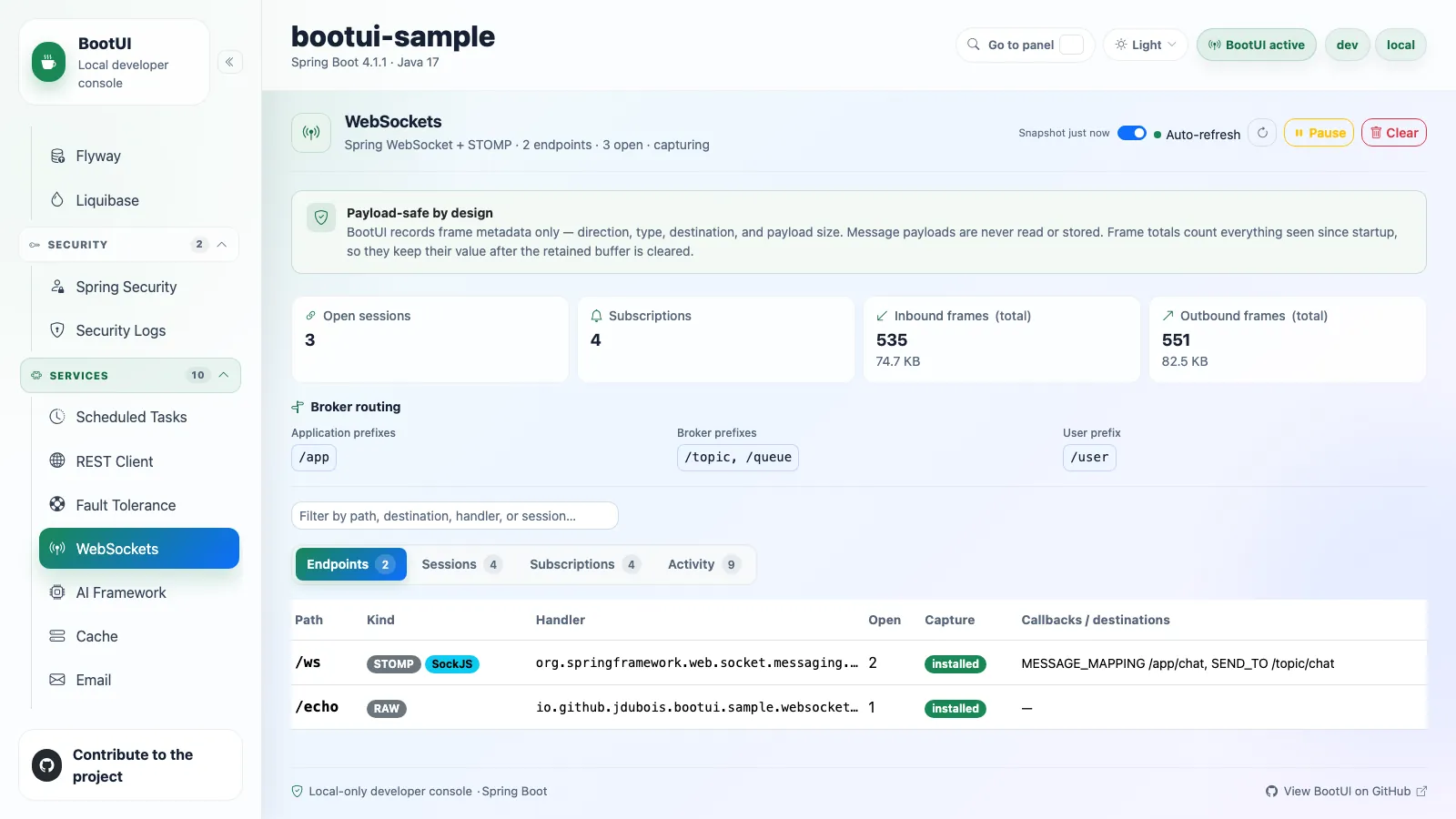 BootUI WebSockets panel