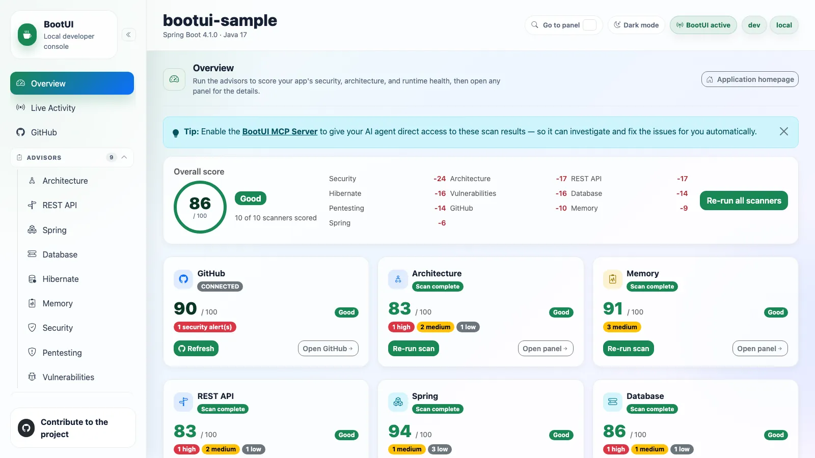 BootUI Overview panel showing an overall score of 86 out of 100 with 10 of 10 scanners scored